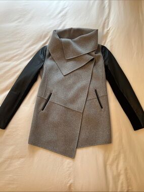 Mackage Vane Coat Grey Wool Coat with Black Leather Sleeve Size S